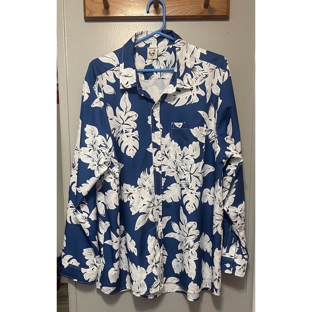 Hardaddy Blue Tropical Floral Print Long Sleeve Polyester Blend Shirt Men's Xl